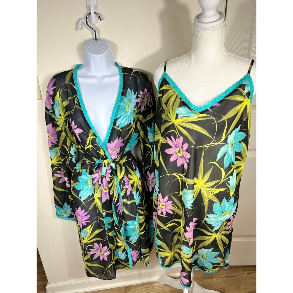 VTG Y2K Valerie Stevens Floral Robe Chemise Set Womens M L Black Tropical Lace